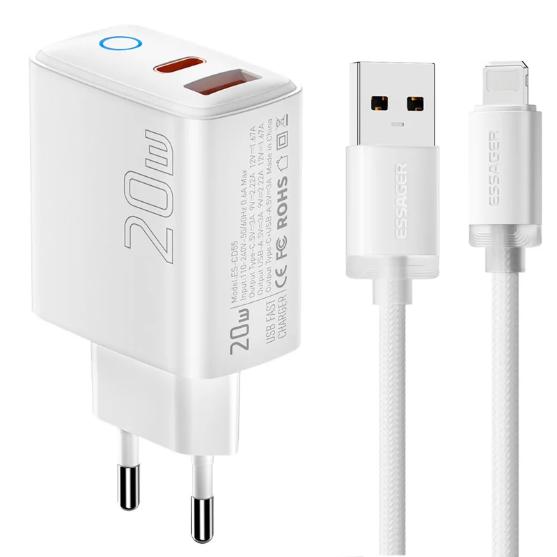 ESSAGER ES-CD55 20W Charger Set USB-A + USB-C Fast Charging Adapter with USB-A to IP Cable - EU Plug