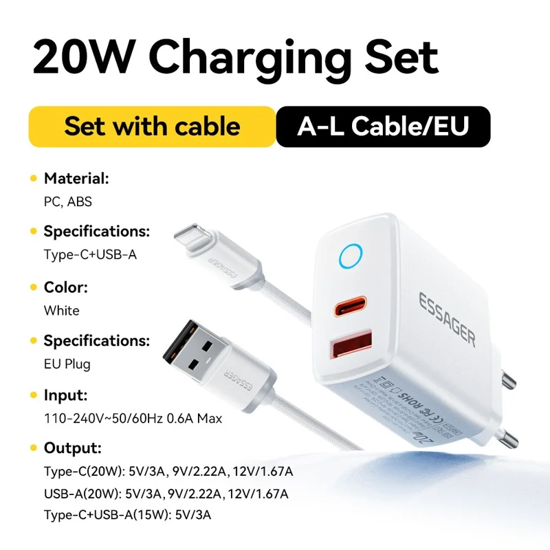 ESSAGER ES-CD55 20W Charger Set USB-A + USB-C Fast Charging Adapter with USB-A to IP Cable - EU Plug