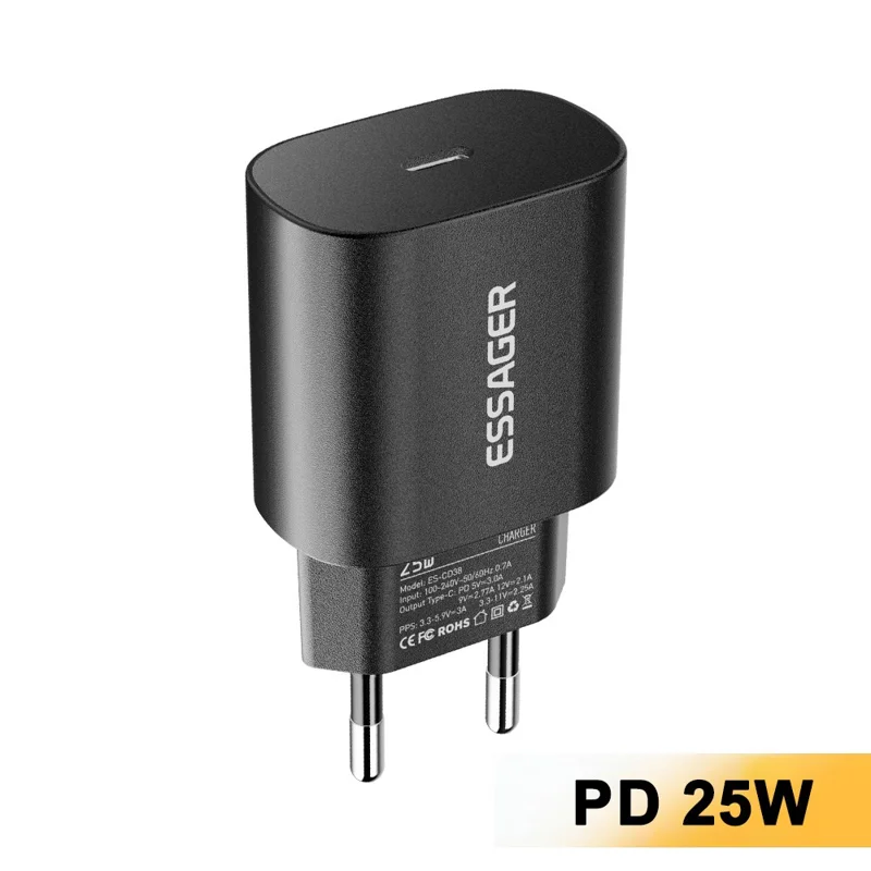 ESSAGER ES-CD38 25W USB-C Wall Charger PD Fast Charging Adapter for iPhone Samsung, EU Plug - Black