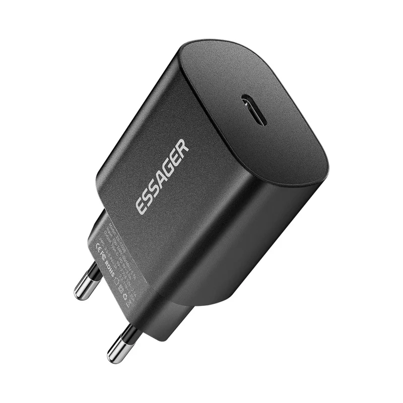ESSAGER ES-CD38 25W USB-C Wall Charger PD Fast Charging Adapter for iPhone Samsung, EU Plug - Black