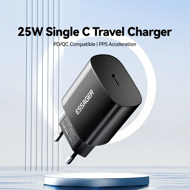 ESSAGER ES-CD38 25W USB-C Wall Charger PD Fast Charging Adapter for iPhone Samsung, EU Plug - Black