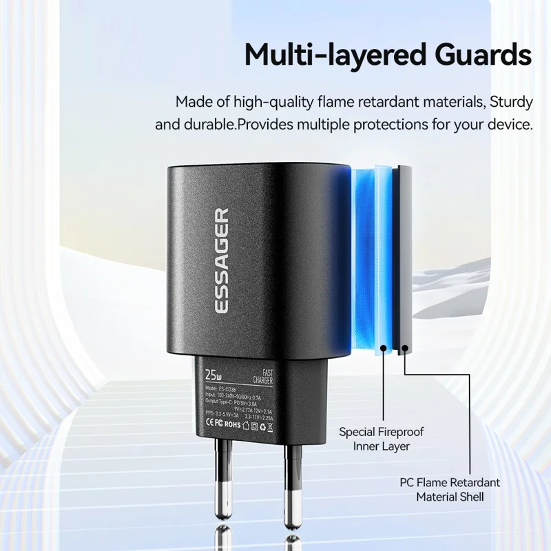 ESSAGER ES-CD38 25W USB-C Wall Charger PD Fast Charging Adapter for iPhone Samsung, EU Plug - Black