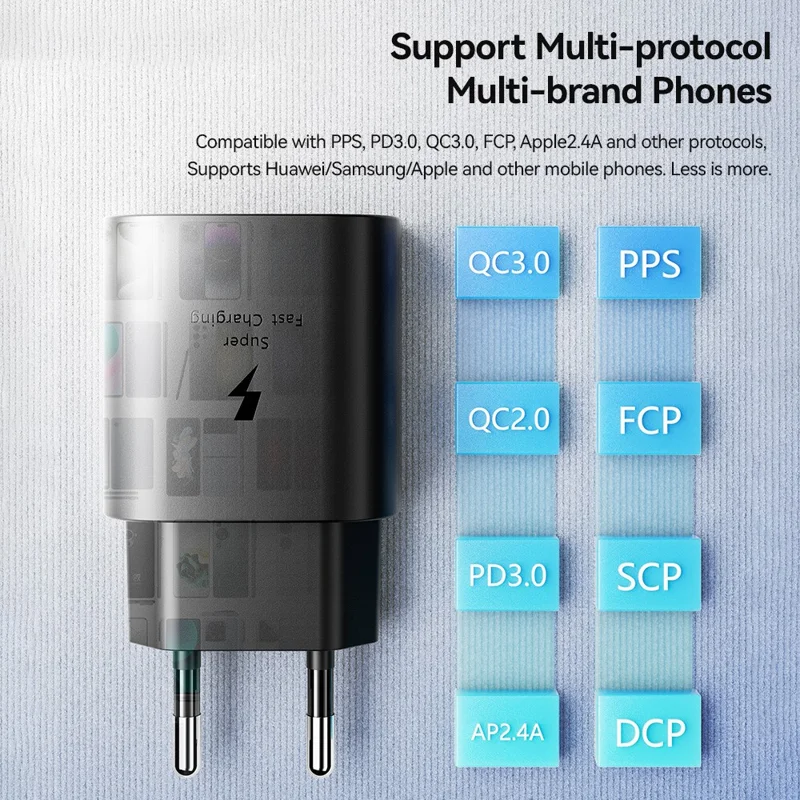ESSAGER ES-CD38 25W USB-C Wall Charger PD Fast Charging Adapter for iPhone Samsung, EU Plug - Black