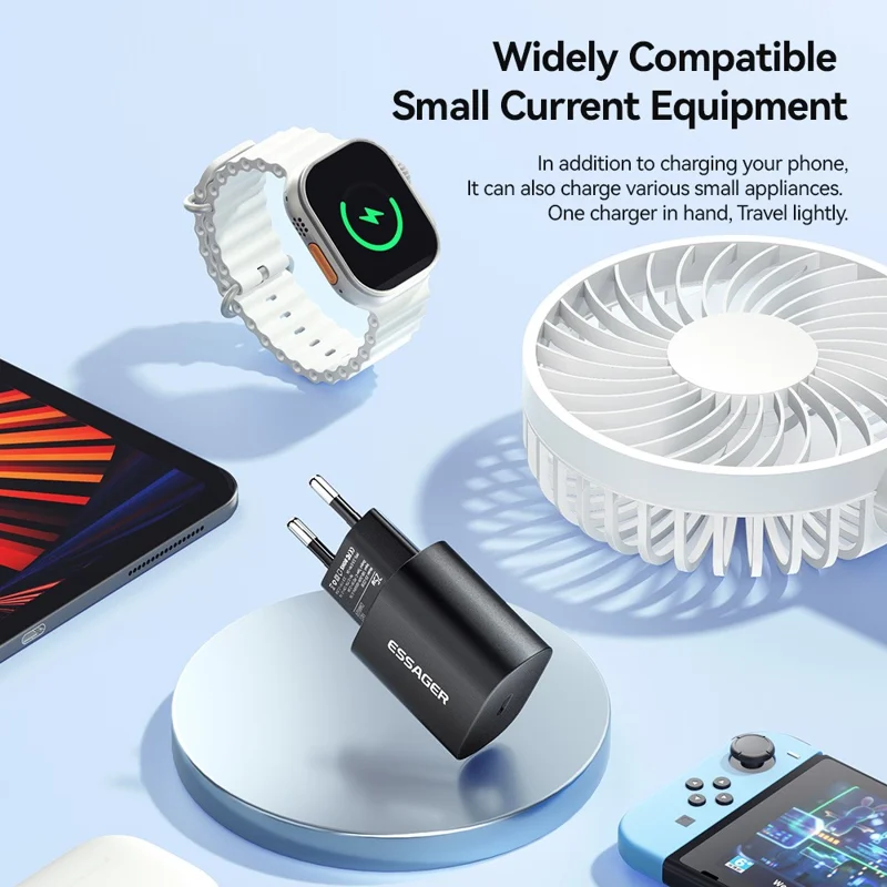 ESSAGER ES-CD38 25W USB-C Wall Charger PD Fast Charging Adapter for iPhone Samsung, EU Plug - Black