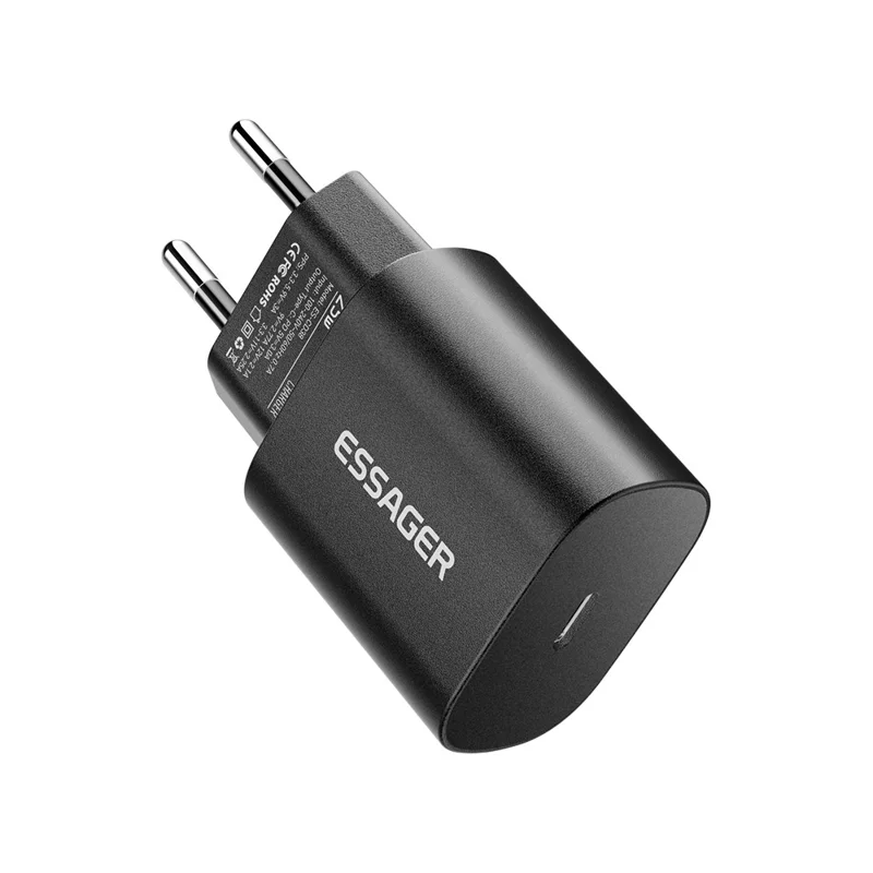 ESSAGER ES-CD38 25W USB-C Wall Charger PD Fast Charging Adapter for iPhone Samsung, EU Plug - Black