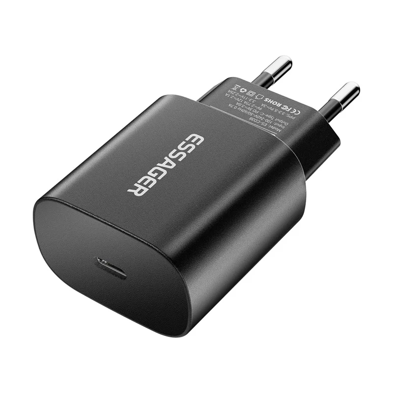 ESSAGER ES-CD38 25W USB-C Wall Charger PD Fast Charging Adapter for iPhone Samsung, EU Plug - Black