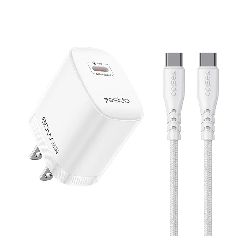 YESIDO YC25U 60W GaN Charger AVS Dynamic Fast Charging Adapter + Type-C to Type-C Cable , US Plug - White