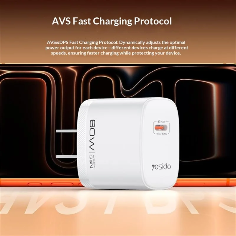 YESIDO YC25U 60W GaN Charger AVS Dynamic Fast Charging Adapter + Type-C to Type-C Cable , US Plug - White