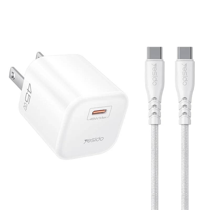 YESIDO YC26U PD 45W GaN Charger Single Port Fast Charging Adapter + Type-C to Type-C Cable , US Plug - White