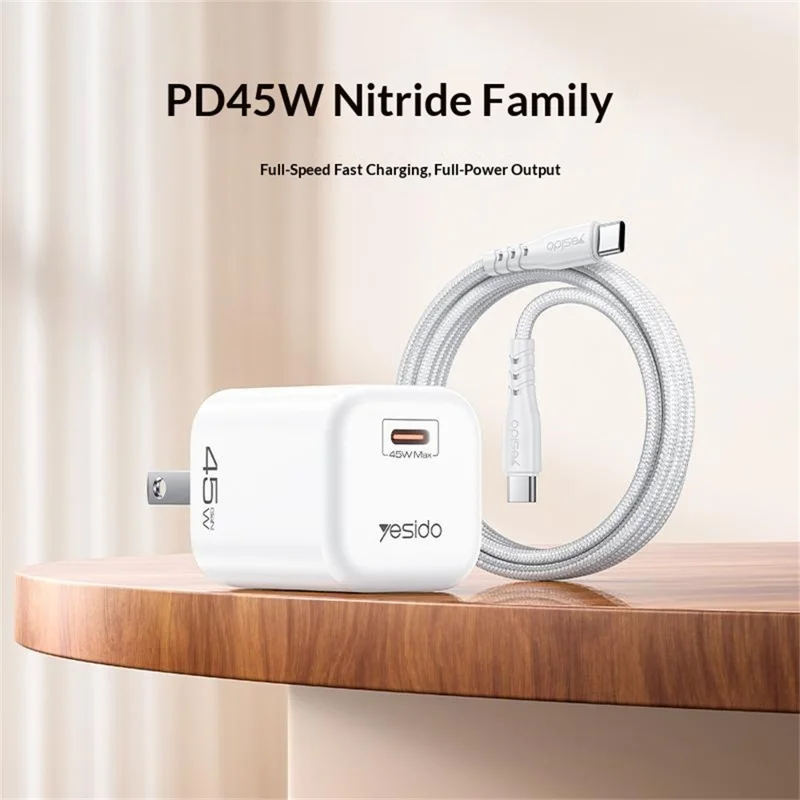 YESIDO YC26U PD 45W GaN Charger Single Port Fast Charging Adapter + Type-C to Type-C Cable , US Plug - White
