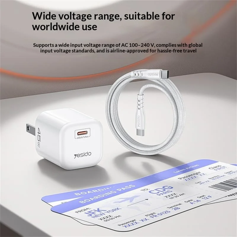 YESIDO YC26U PD 45W GaN Charger Single Port Fast Charging Adapter + Type-C to Type-C Cable , US Plug - White