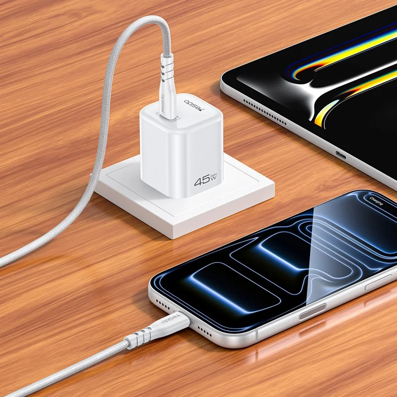 YESIDO YC26U PD 45W GaN Charger Single Port Fast Charging Adapter + Type-C to Type-C Cable , US Plug - White