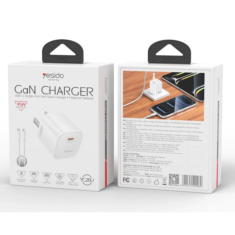 YESIDO YC26U PD 45W GaN Charger Single Port Fast Charging Adapter + Type-C to Type-C Cable , US Plug - White