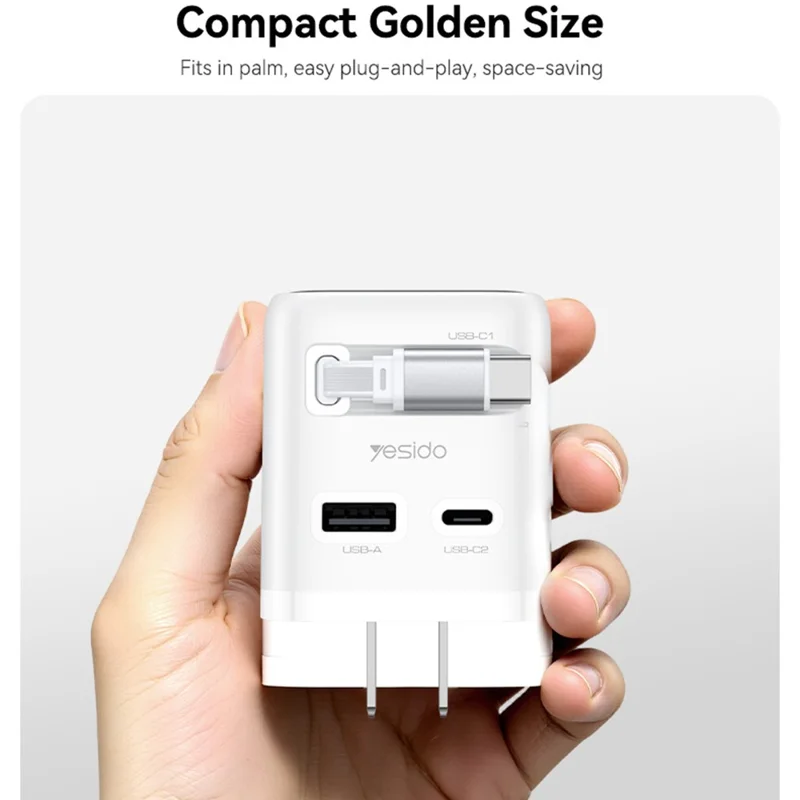 YESIDO YC28U 70W GaN Fast Charger TFT Display USB-A Type-C Adapter with Type-C Retractable Cable , US Plug - White