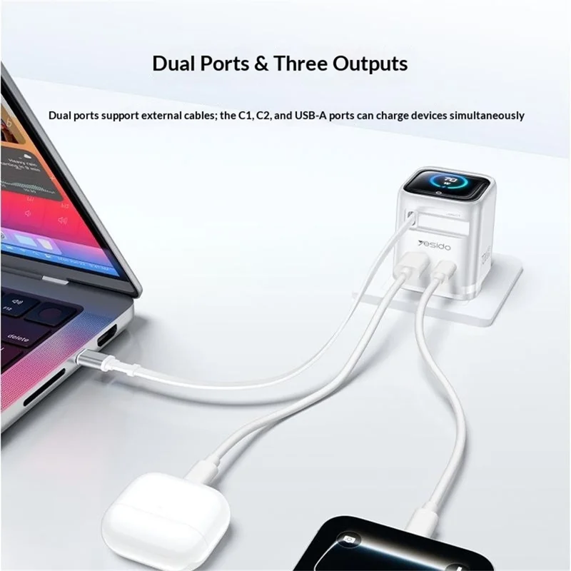 YESIDO YC28U 70W GaN Fast Charger TFT Display USB-A Type-C Adapter with Type-C Retractable Cable , US Plug - White