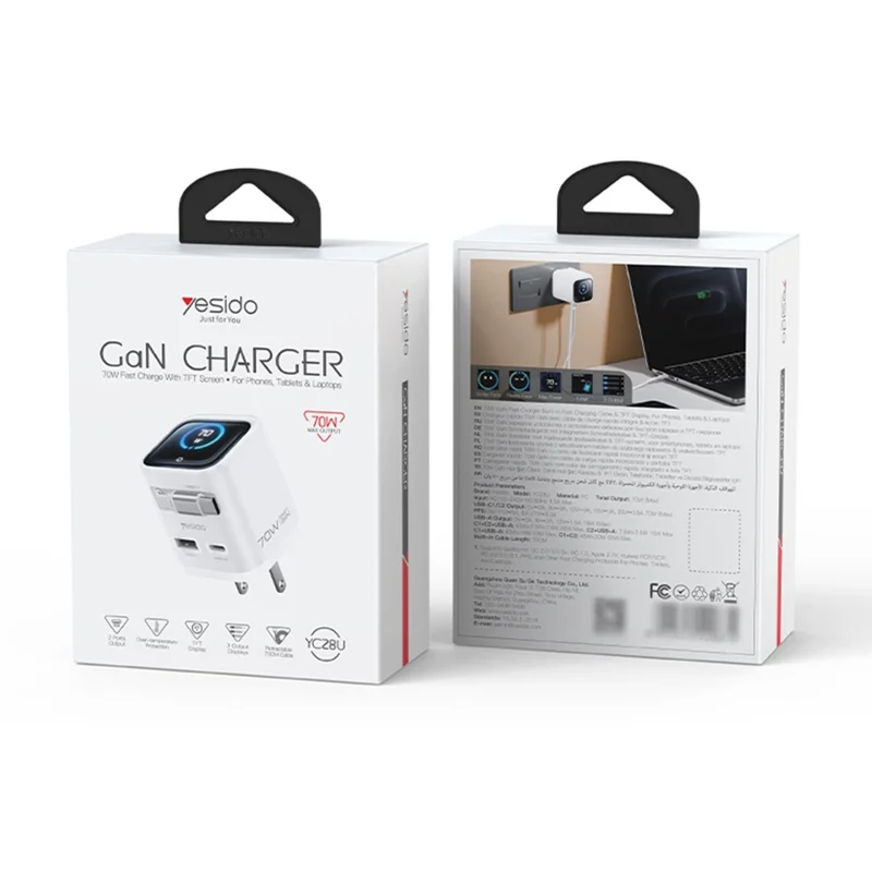 YESIDO YC28U 70W GaN Fast Charger TFT Display USB-A Type-C Adapter with Type-C Retractable Cable , US Plug - White
