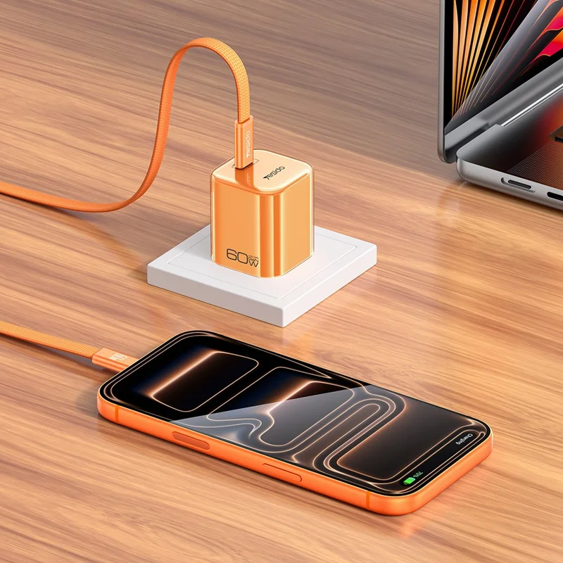 YESIDO YC27U 40W-60W USB-C Charger AVS Fast Charging Kit with Type-C to Type-C Cable, US Plug - Orange