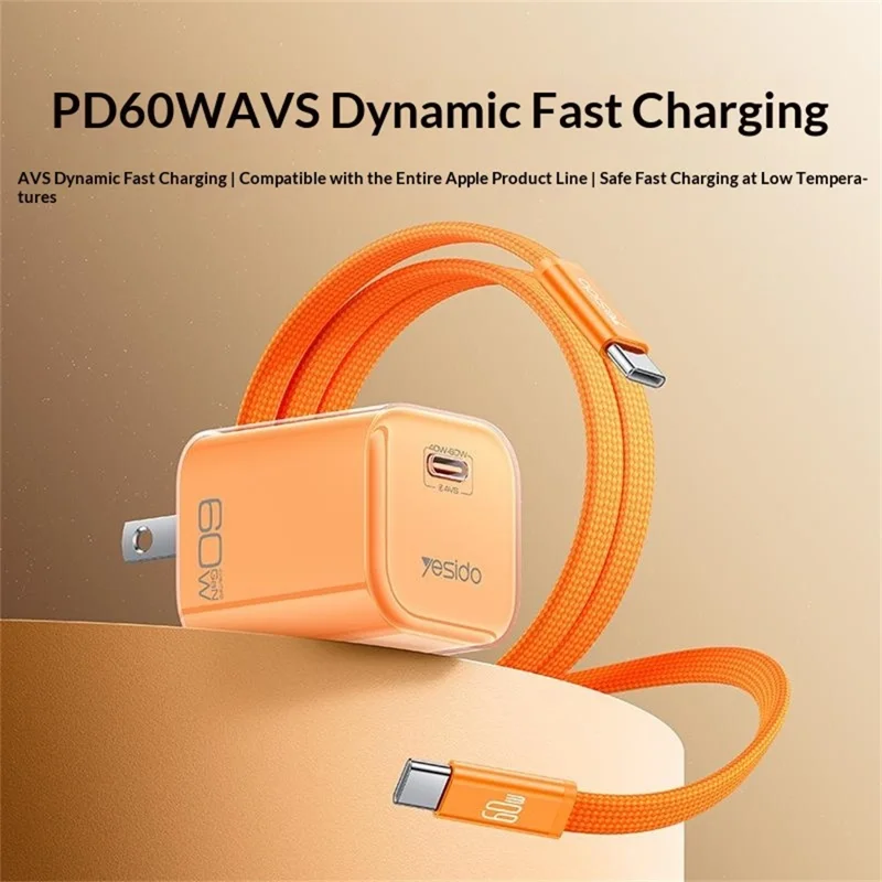 YESIDO YC27U 40W-60W USB-C Charger AVS Fast Charging Kit with Type-C to Type-C Cable, US Plug - Orange