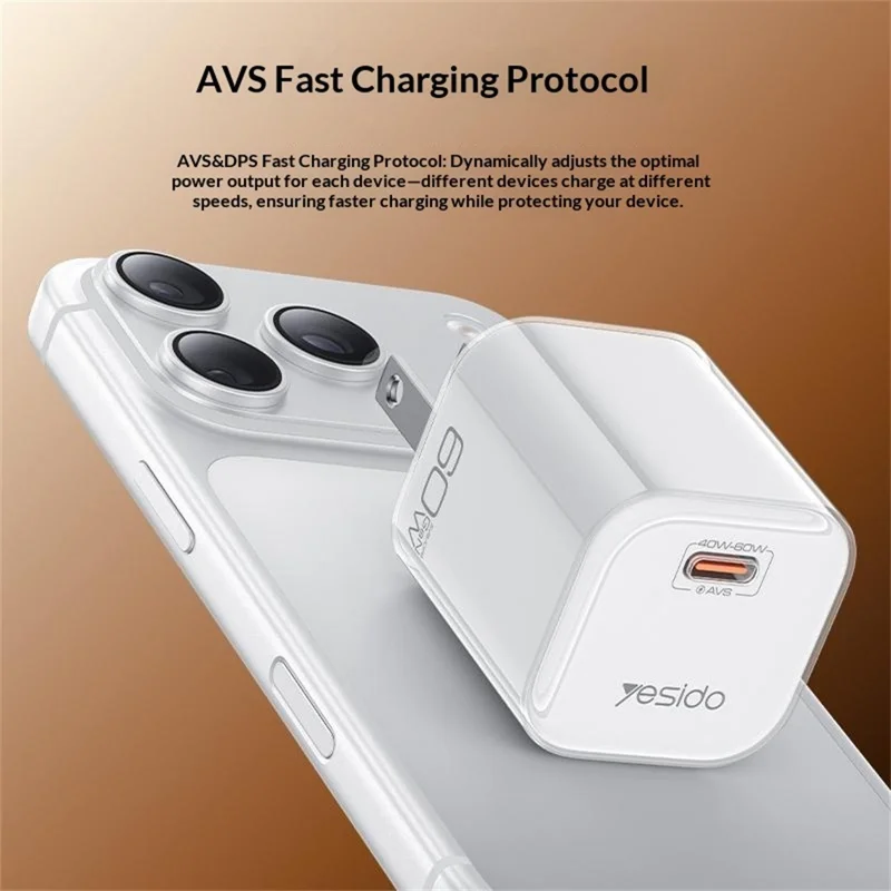 YESIDO YC27U 40W-60W USB-C Charger AVS Fast Charging Kit with Type-C to Type-C Cable, US Plug - Orange