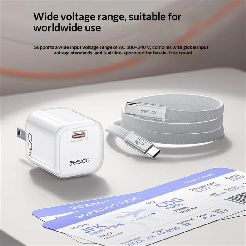 YESIDO YC27U 40W-60W USB-C Charger AVS Fast Charging Kit with Type-C to Type-C Cable, US Plug - Orange