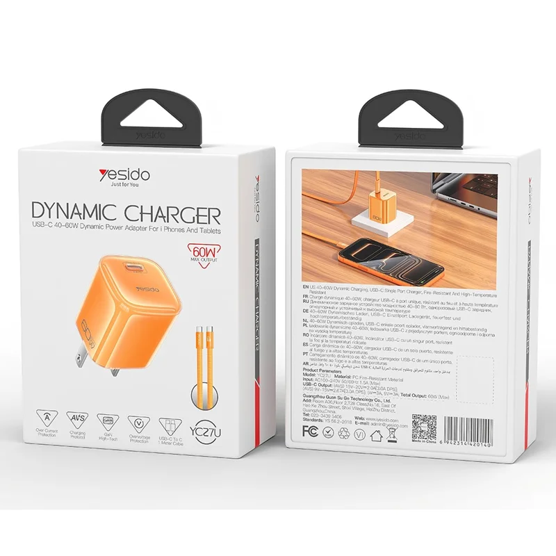 YESIDO YC27U 40W-60W USB-C Charger AVS Fast Charging Kit with Type-C to Type-C Cable, US Plug - Orange
