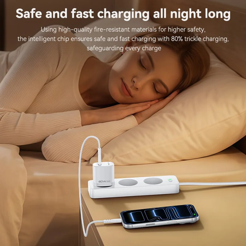 YESIDO YC115 USB-C GaN Charger 40-60W AVS Dynamic Power Adapter with Type-C to Type-C Cable, EU Plug - White