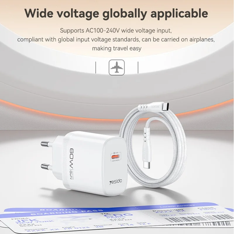 YESIDO YC115 USB-C GaN Charger 40-60W AVS Dynamic Power Adapter with Type-C to Type-C Cable, EU Plug - White