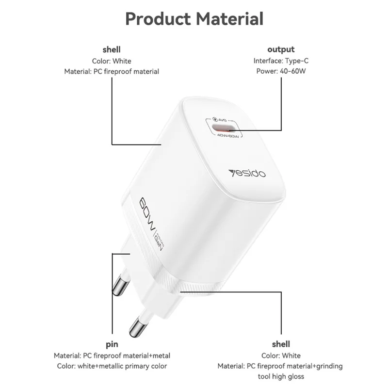 YESIDO YC115 USB-C GaN Charger 40-60W AVS Dynamic Power Adapter with Type-C to Type-C Cable, EU Plug - White