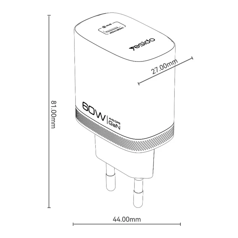 YESIDO YC115 USB-C GaN Charger 40-60W AVS Dynamic Power Adapter with Type-C to Type-C Cable, EU Plug - White