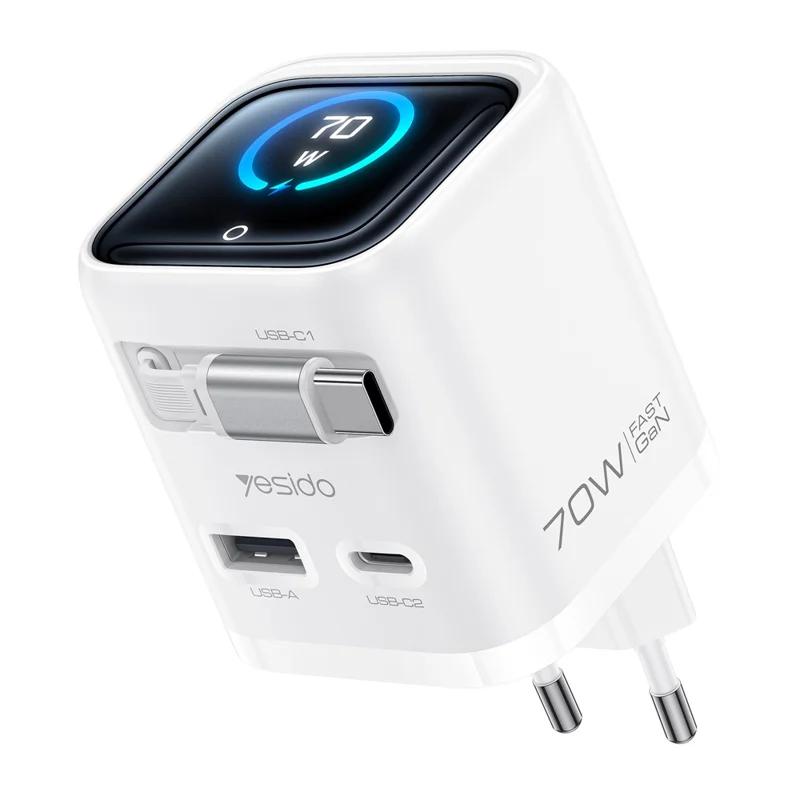 YESIDO YC123 70W GaN Charger TFT Display 3-Port Adapter with 70cm Retractable Cable , EU Plug - White