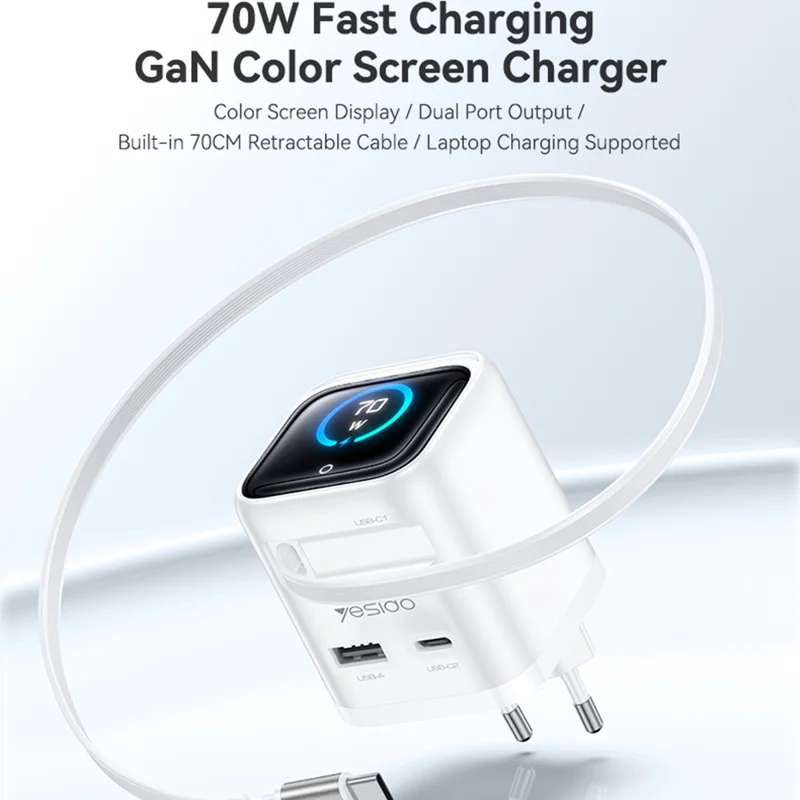 YESIDO YC123 70W GaN Charger TFT Display 3-Port Adapter with 70cm Retractable Cable , EU Plug - White