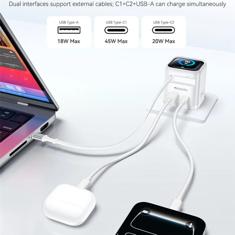 YESIDO YC123 70W GaN Charger TFT Display 3-Port Adapter with 70cm Retractable Cable , EU Plug - White