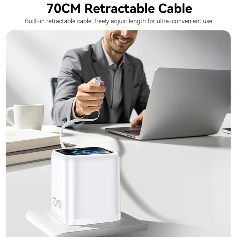 YESIDO YC123 70W GaN Charger TFT Display 3-Port Adapter with 70cm Retractable Cable , EU Plug - White