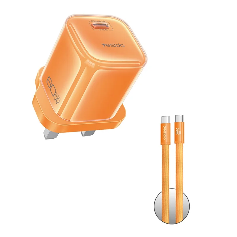 YESIDO YC161 60W Dynamic Charger USB-C PD Fast Charging Adapter with Type-C to Type-C Cable , UK Plug - Orange