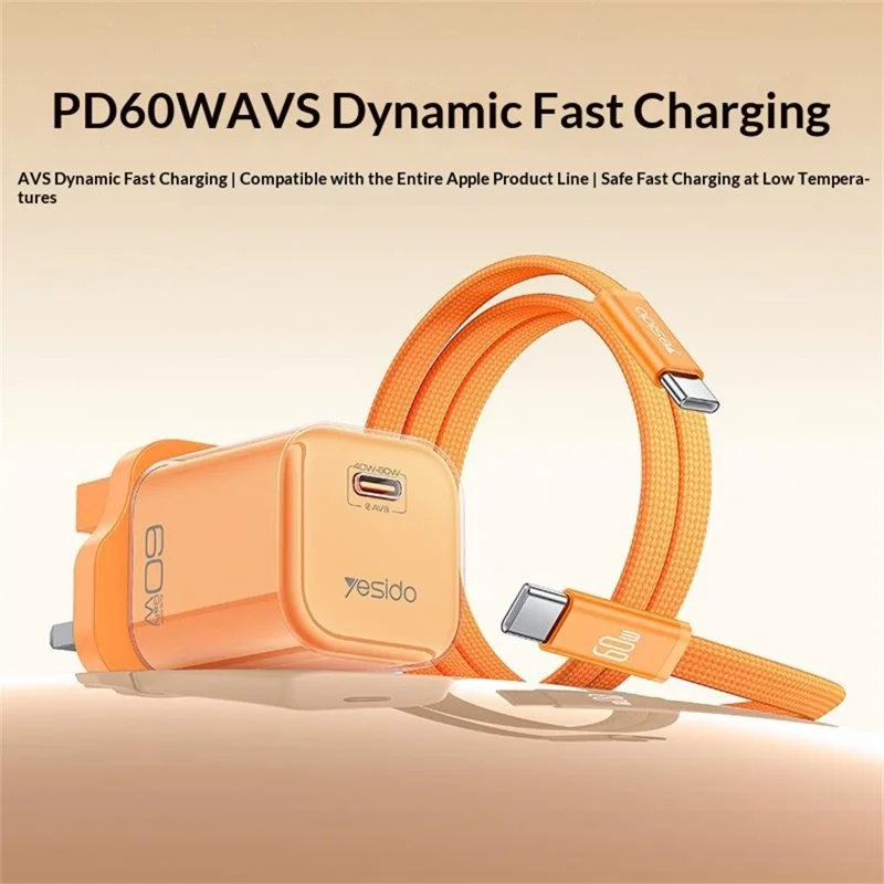 YESIDO YC161 60W Dynamic Charger USB-C PD Fast Charging Adapter with Type-C to Type-C Cable , UK Plug - Orange