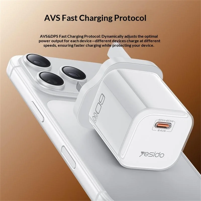 YESIDO YC161 60W Dynamic Charger USB-C PD Fast Charging Adapter with Type-C to Type-C Cable , UK Plug - Orange
