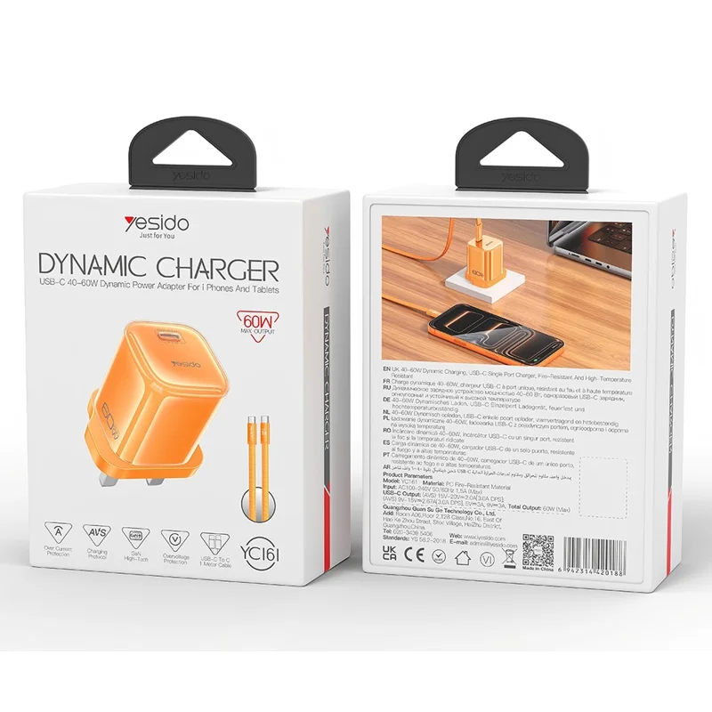 YESIDO YC161 60W Dynamic Charger USB-C PD Fast Charging Adapter with Type-C to Type-C Cable , UK Plug - Orange