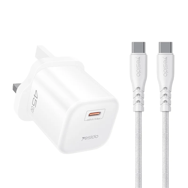 YESIDO YC160 45W GaN Charger USB-C PD Fast Charging Adapter with Type-C Cable , UK Plug - White