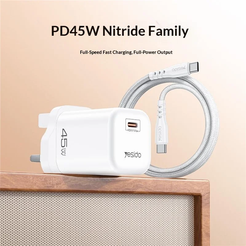 YESIDO YC160 45W GaN Charger USB-C PD Fast Charging Adapter with Type-C Cable , UK Plug - White