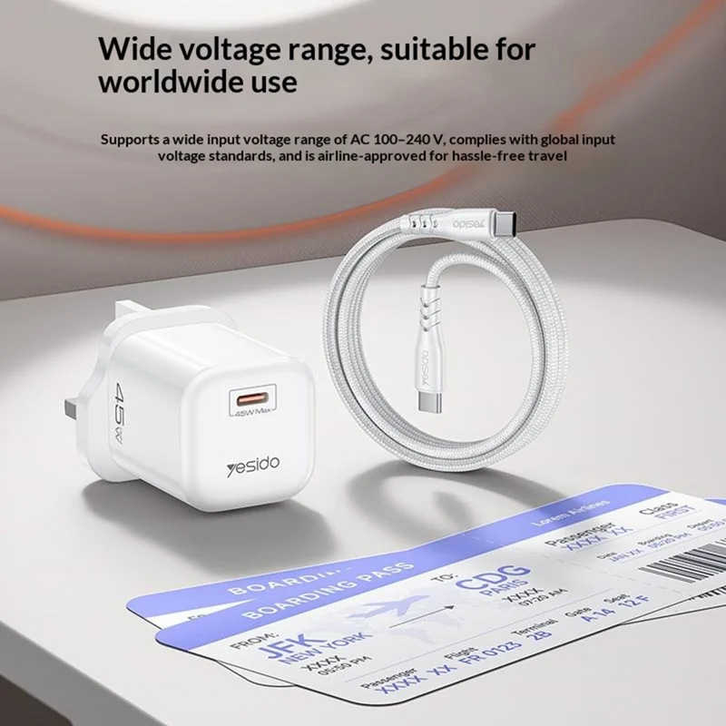 YESIDO YC160 45W GaN Charger USB-C PD Fast Charging Adapter with Type-C Cable , UK Plug - White