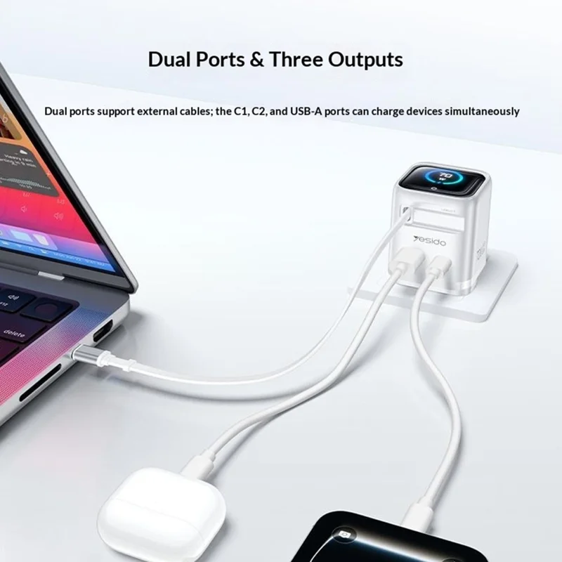 YESIDO YC162 GaN Charger 70W TFT Display Type-C + USB-A Adapter with 70cm Retractable Cable , UK Plug - White