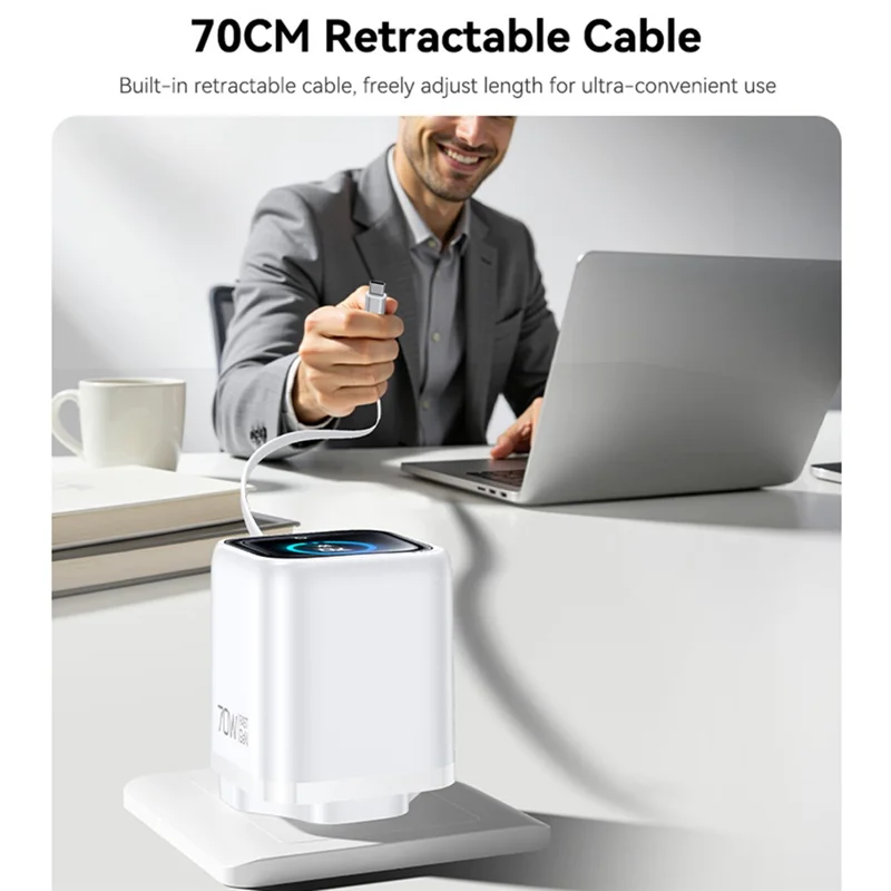 YESIDO YC162 GaN Charger 70W TFT Display Type-C + USB-A Adapter with 70cm Retractable Cable , UK Plug - White