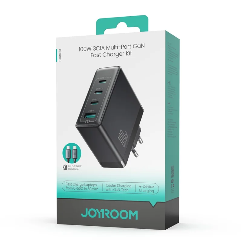 JOYROOM JR-TG11 100W GaN Fast Charger 4-Port Power Adapter EU Plug with 2m 240W USB-C Cable - Black