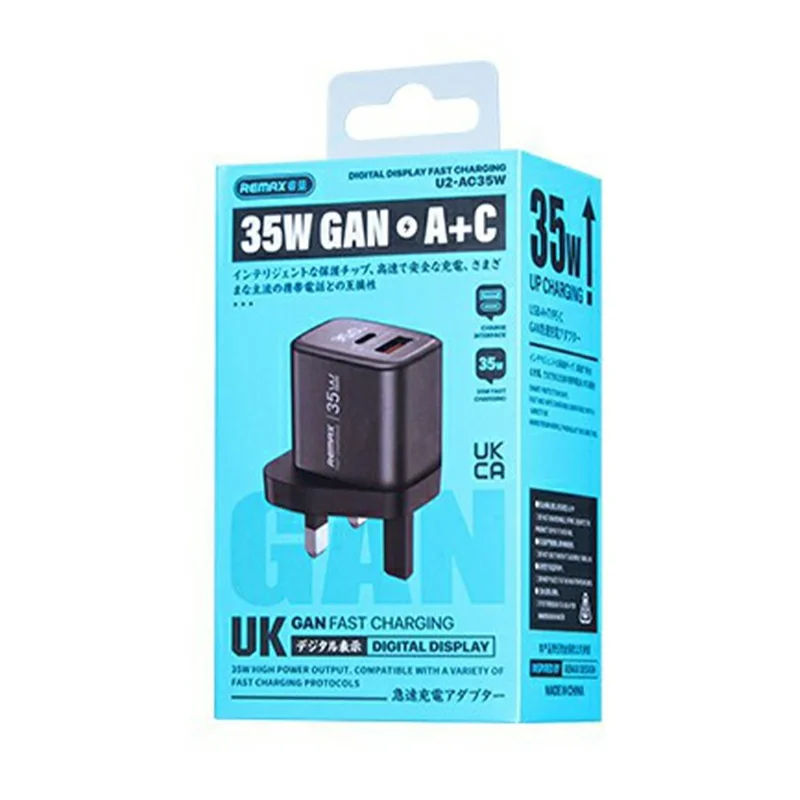 Быстрое зарядное устройство REMAX U2-AC35W GaN с цифровым дисплеем, 35 Вт, USB Type-C, USB-A, вилка UK — черный