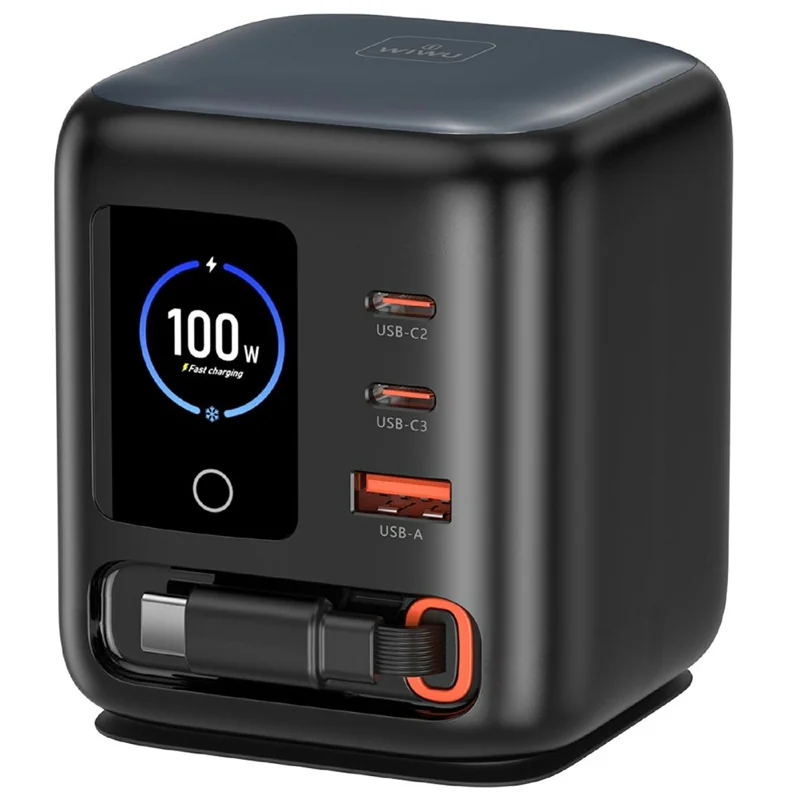 WIWU Wi-G039 100W GaN Desktop Charger with Retractable USB-C Cable OLED Display Fast Charging Station for Laptop - Black