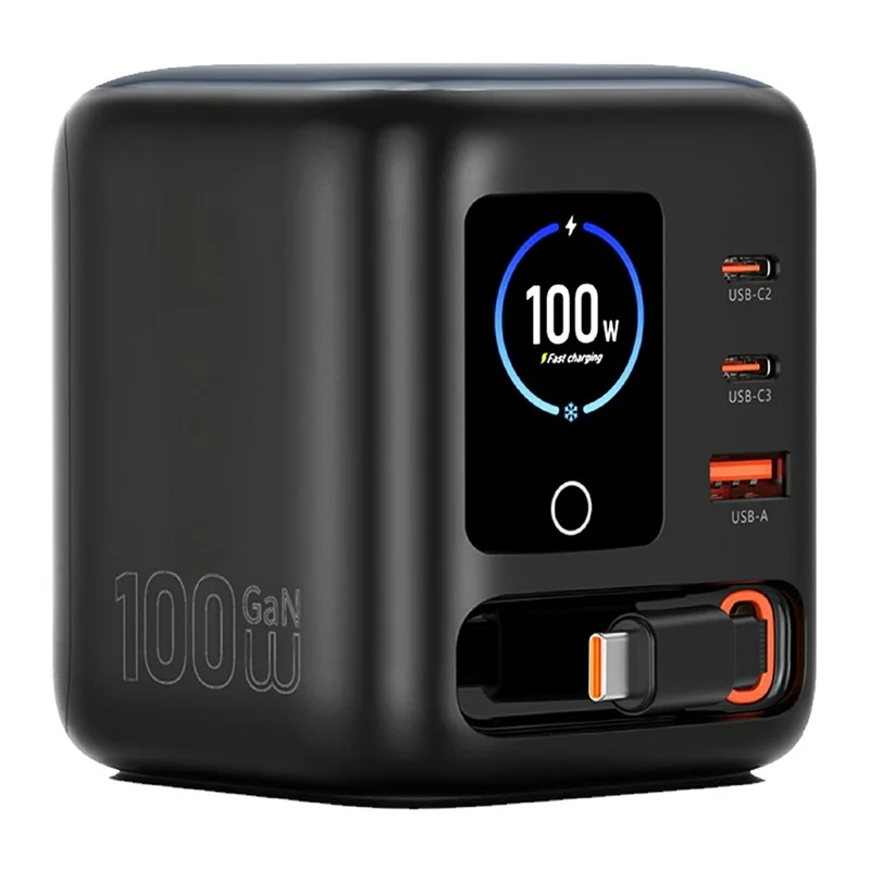 WIWU Wi-G039 100W GaN Desktop Charger with Retractable USB-C Cable OLED Display Fast Charging Station for Laptop - Black