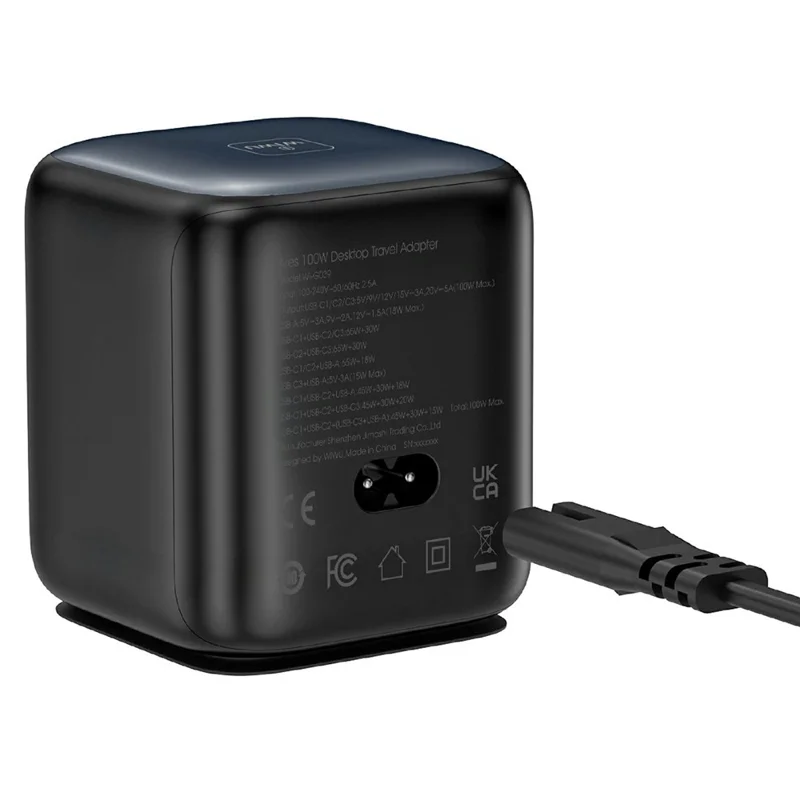 WIWU Wi-G039 100W GaN Desktop Charger with Retractable USB-C Cable OLED Display Fast Charging Station for Laptop - Black