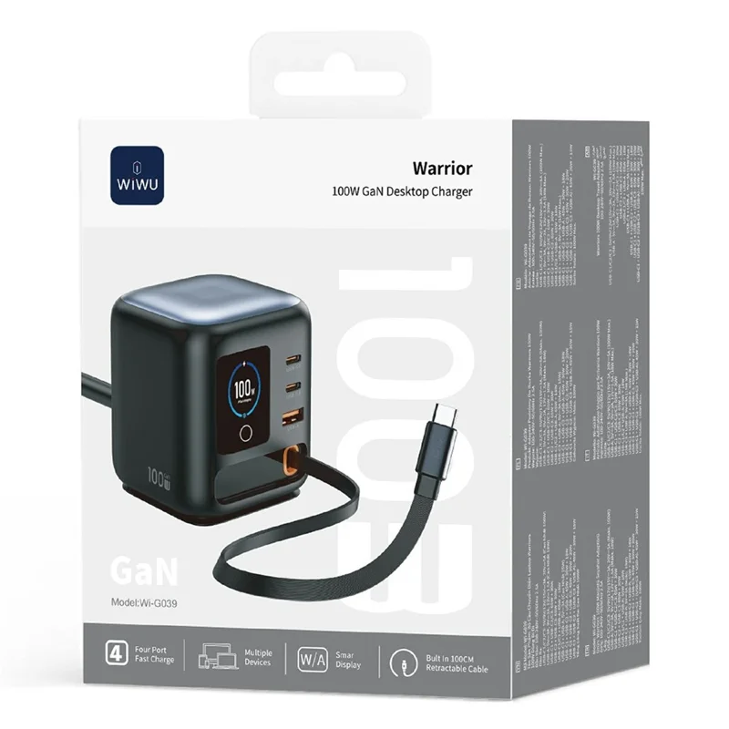 WIWU Wi-G039 100W GaN Desktop Charger with Retractable USB-C Cable OLED Display Fast Charging Station for Laptop - Black