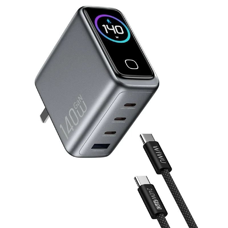 WIWU CHG200 140W GaN Wall Charger USB-A + Type-C 4-Port Fast Charging with TFT Display for Laptop Phone Tablet - US Plug