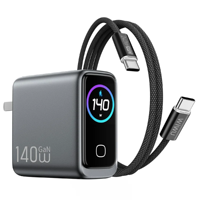 WIWU CHG200 140W GaN Wall Charger USB-A + Type-C 4-Port Fast Charging with TFT Display for Laptop Phone Tablet - US Plug